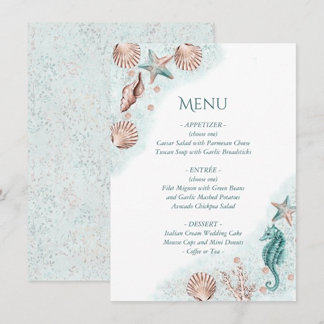 Menu Coastal Chic | Turquoise Green et Coral Reef Party (Devant / Derrière)