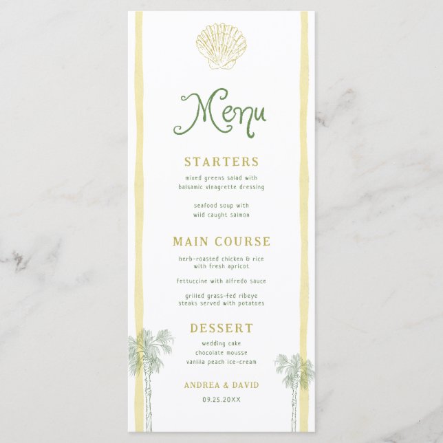 Menu Coastal Yellow Stripes Seashell Palm Tree Wedding (Devant)