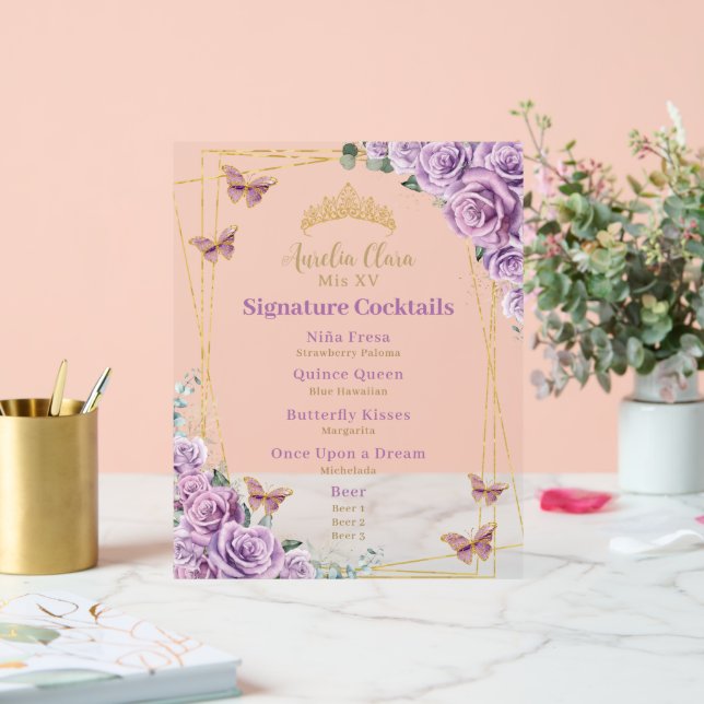 Menu Cocktail Lilac Floral Quinceanera Bar (Mariage)