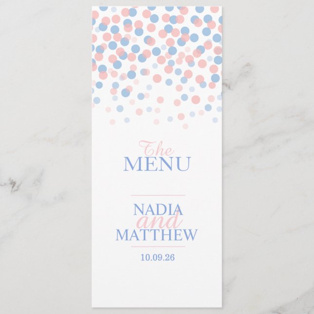 Menu Confetti bleu rose mariage dîner (Devant)
