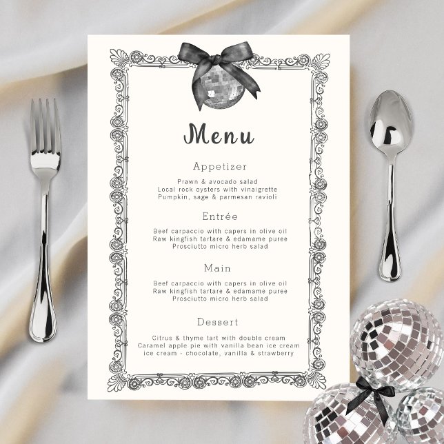 Menu Coquette Black Bow & Disco Chic Anniversaire (Créateur téléchargé)
