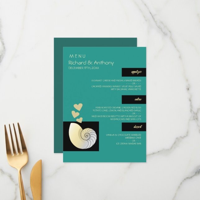 Menu Coquillage et Coeurs, Mariage plage (Devant/Arrière en situation)