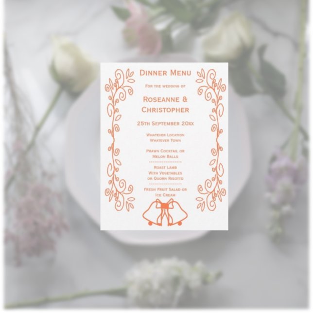 Menu Coral Bells Scrollwork Design Mariage (Coral wedding menu bells and scrollwork design)