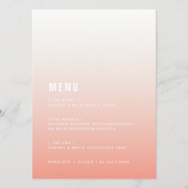 Menu Coral Ombre | Mariage minimaliste moderne rose pâl (Devant)