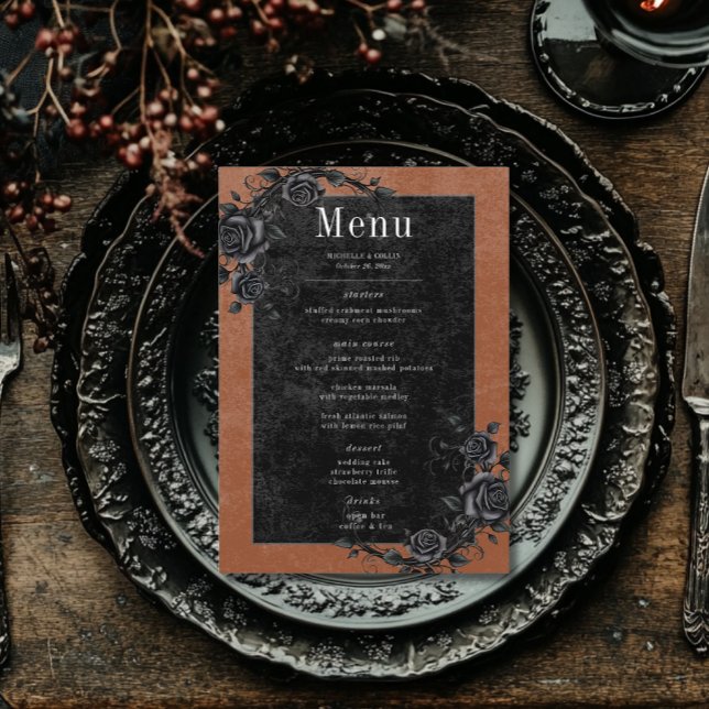 Menu Corbeau noir gothique et Mariage rouille Rose noir (Créateur téléchargé)