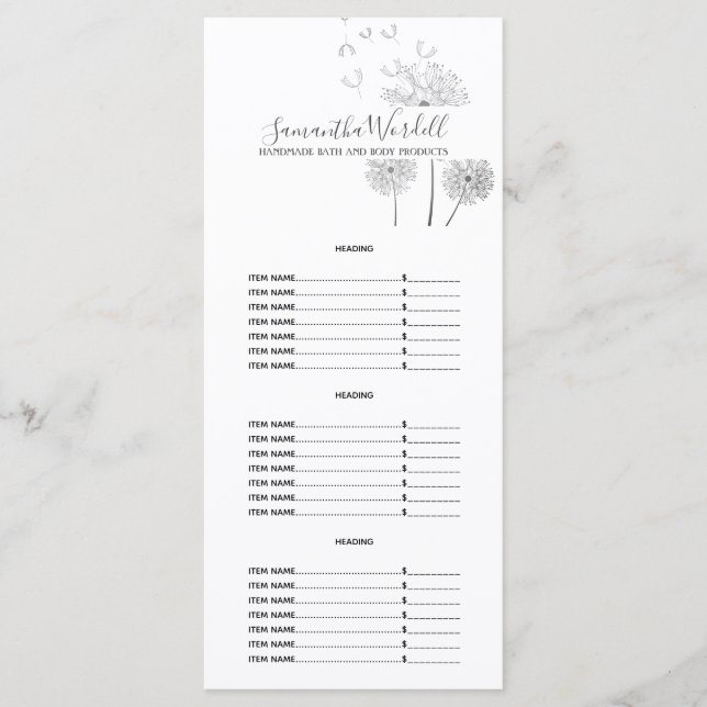 Menu Corps de bain fait main Beauté Produits Liste de p (Devant)