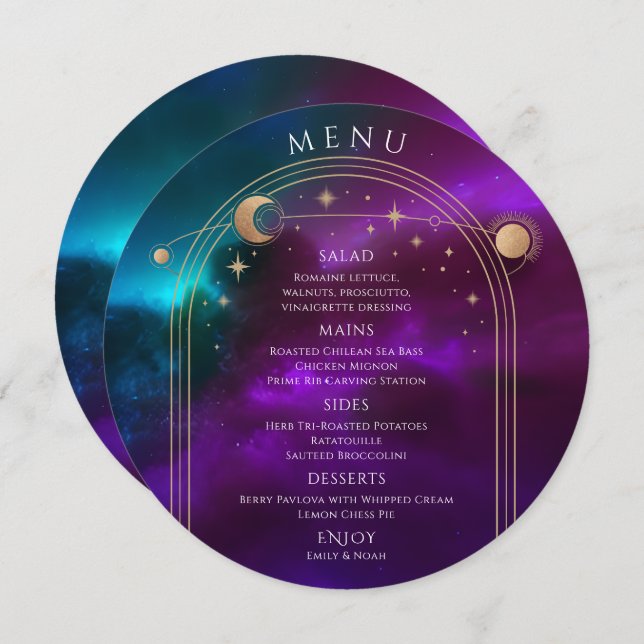 Menu Cosmic violet Turquoise or Sun Moon étoiles Mariag (Devant / Derrière)
