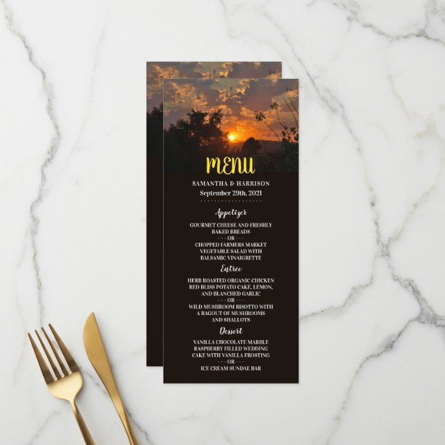 Menu Coucher du soleil du soir, Mariage rustique (Devant/Arrière en situation)