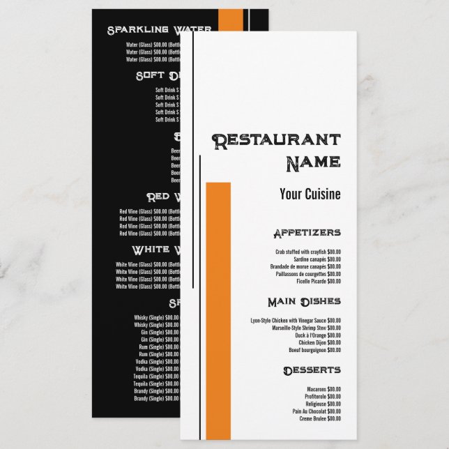 Menu Couleur de bloc classique, Restaurant Slimline (Devant / Derrière)