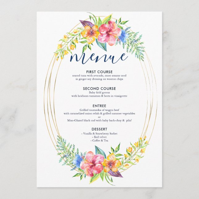 Menu Couleurs tropicales fleurs bouquet cadre or (Devant)