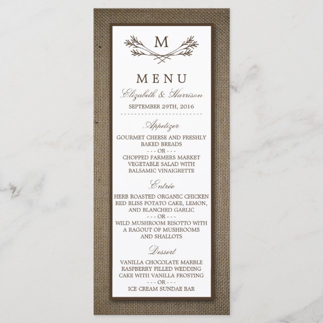 Menu Country Rustic Monogramme Branche & Mariage Burlap (Devant)
