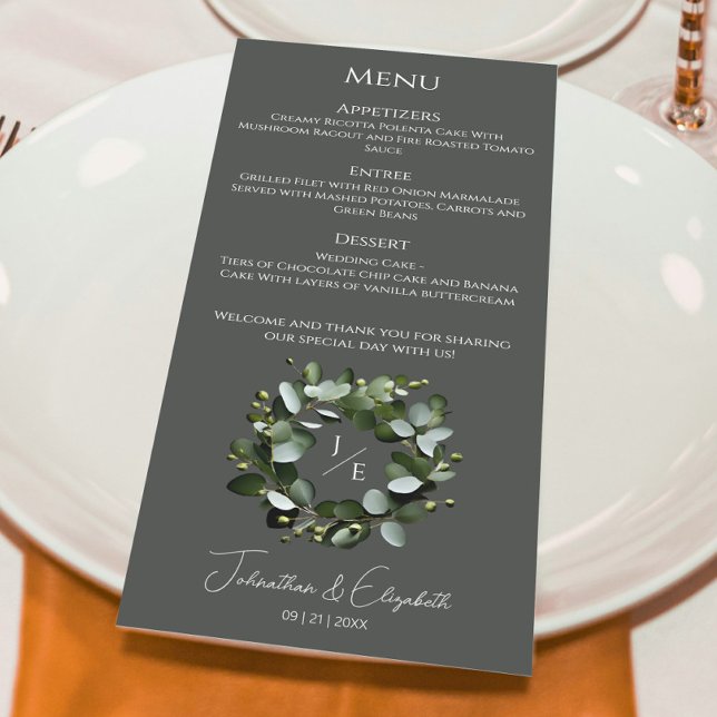 Menu Couronne Monogramme Eucalyptus moderne | Gray (Gray Modern Monogram Eucalyptus Wreath Wedding Menu)