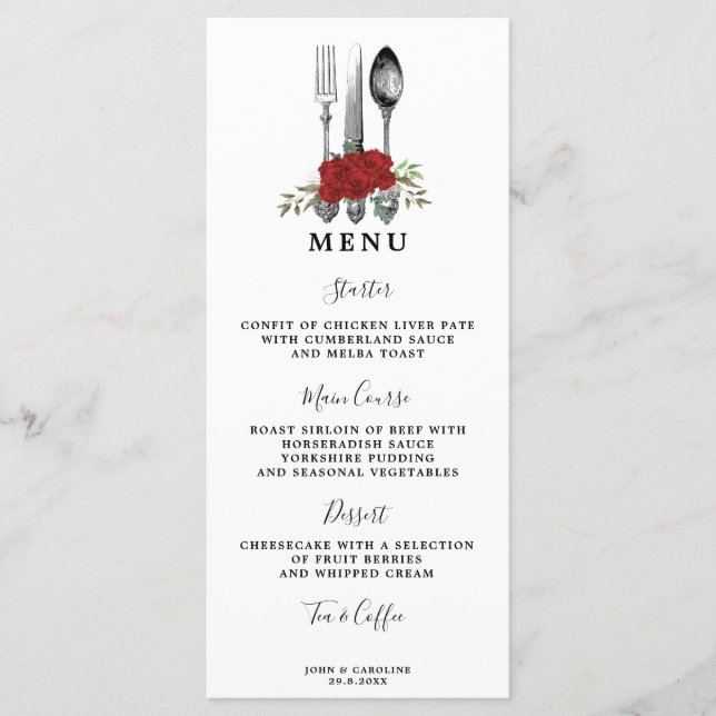 Menu couverts verdure roses rouges couverts mariage car (Devant)