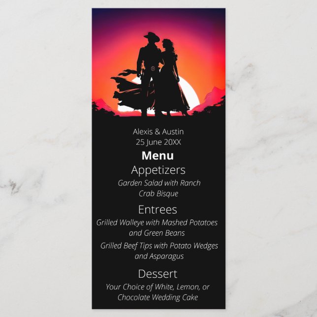 Menu Cowboy et mariée Sundown Mariage de style occident (Devant)