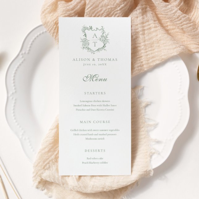 Menu Crest Monogram Sage Green Mariage (Créateur téléchargé)