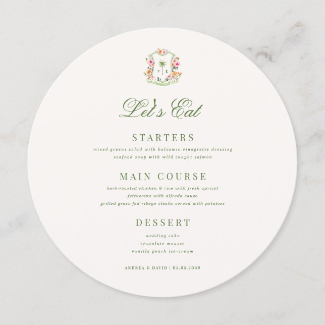 Menu Crest Palm Tree Monogram Lets Eat Round Wedding (Devant)