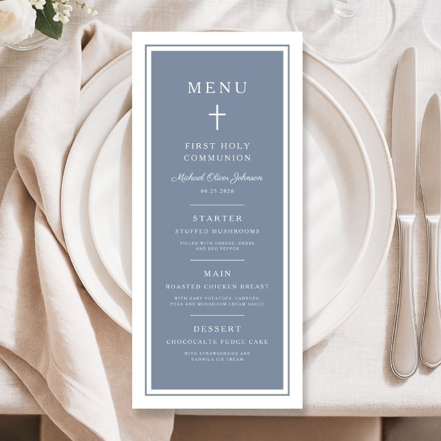 Menu Croix Bleue Poussiéreuse Moderne Garçon Première C (Modern Dusty Blue Cross Boy First Communion Menu)