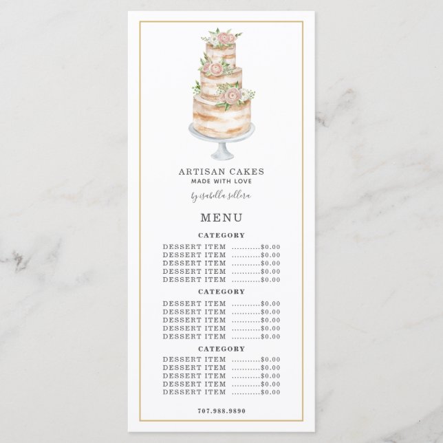 Menu Cuisine pâtissière Aquarelle Rose Floral Gâteau (Devant)