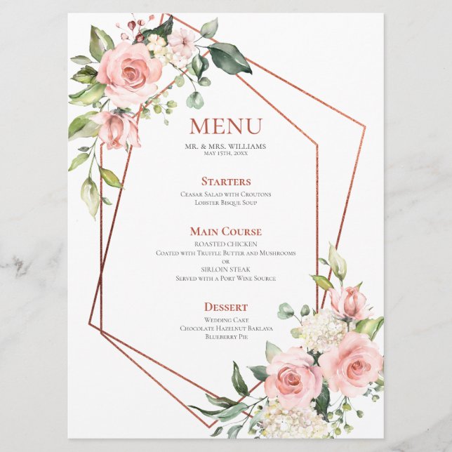 Menu Cuivre Géométrique Peach Rose Floral (Devant)