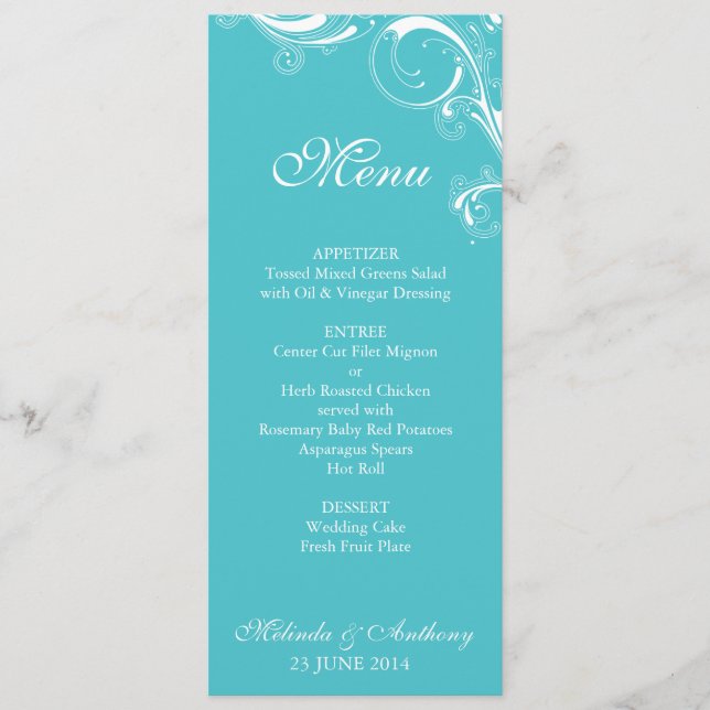 Menu Curacao bleu Swirl Filigree (Devant)