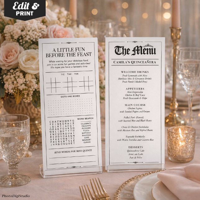 Menu Custom Quinceañera Menu, Black White Interactive (Custom Quinceañera Menu, Black White Interactive Menu)