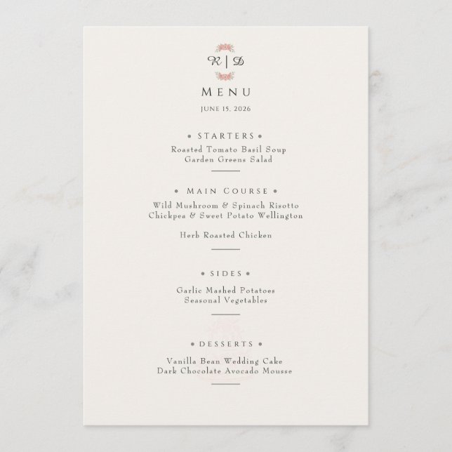 Menu Customized Blush Garden Minimal Floral Wedding  (Devant)