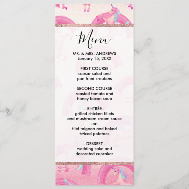 Menu Cute Mythique Rose Unicorne Aquarelle arc-en-ciel (Devant)
