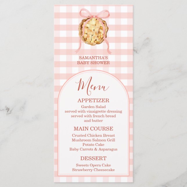 Menu Cutie Pie Pastel Pink Bow Gingham Fall Baby Shower (Devant)