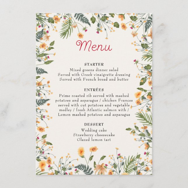 Menu Daffodiles botaniques Daisy Peony Flowers Mariage (Devant)