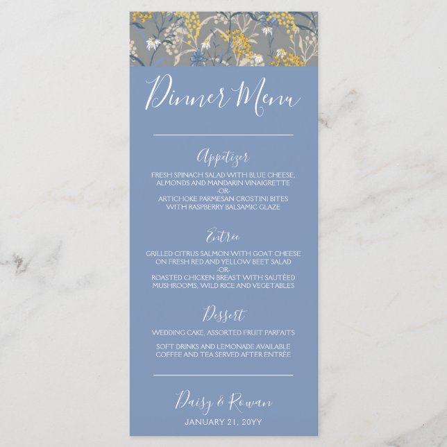 Menu Daisy Botanique Floral Jaune & Bleu Marine Dîner (Devant)