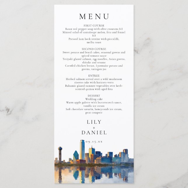 Menu Dallas Skyline Watercolor Destination Wedding (Devant)