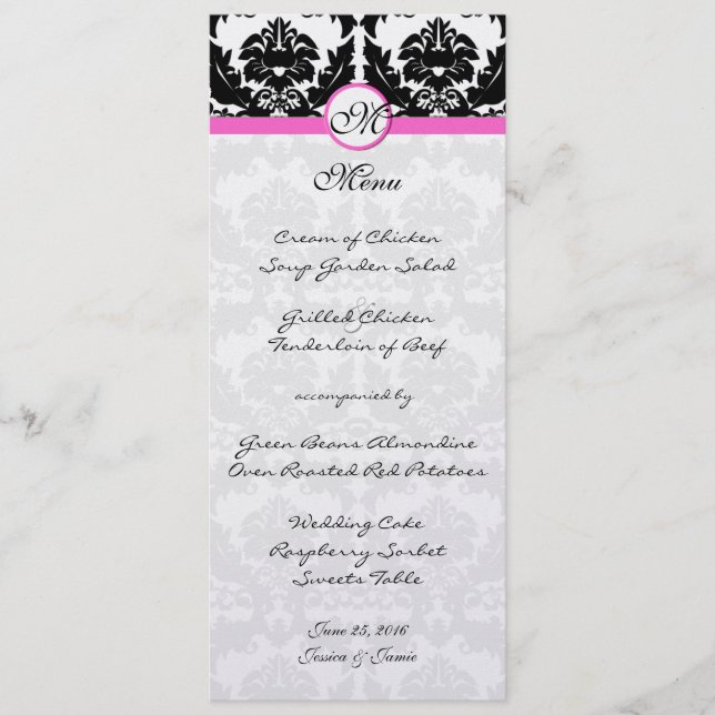 Menu Damas rose et noir sur Mariage métallique argenté (Devant)
