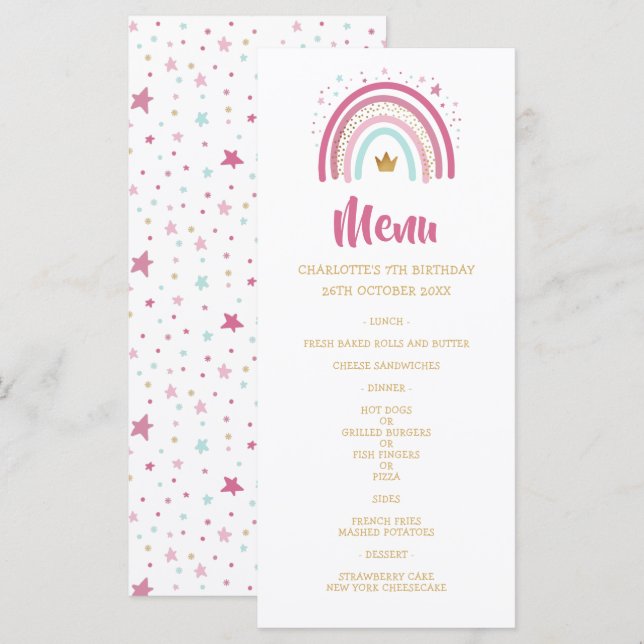 Menu d'anniversaire à thème Rainbow (Devant / Derrière)