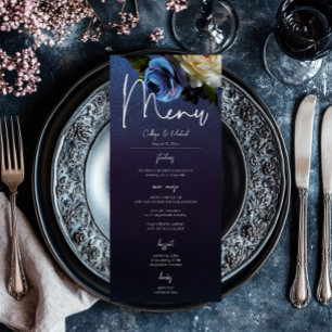 Menu Dark Moody Blue Lavender Floral Moderne Mariage