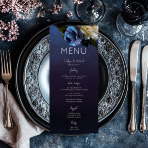 Menu Dark Moody Blue Lavender Floral Moderne Mariage