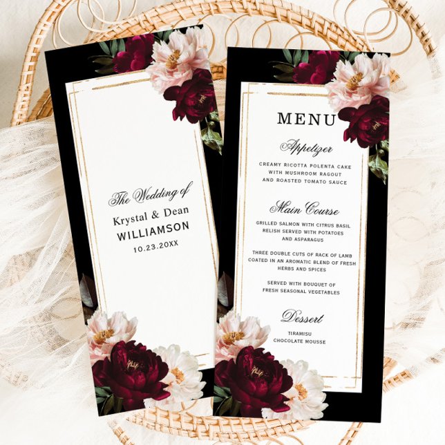 Menu Dark Moody Bourgogne Blush Floral Mariage or (Créateur téléchargé)