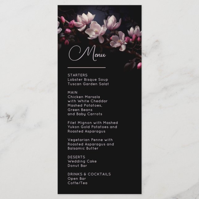 Menu Dark Moody Flowers Magnolia Wedding (Devant)