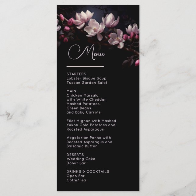 Menu Dark Moody Flowers Magnolia Wedding (Devant)