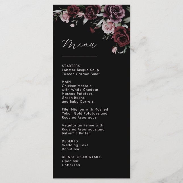 Menu Dark Moody Roses Wedding (Devant)