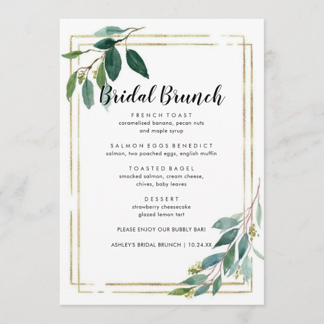 Menu de brunch nuptial minimaliste de feuillage d' (Devant)