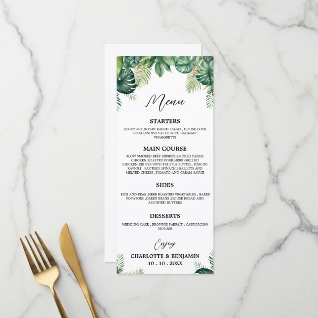 Menu de buffet de mariage Tropical Leaf  (Devant/Arrière en situation)