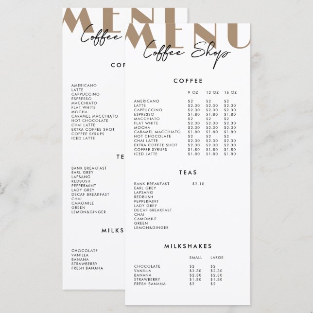 Menu de café minimaliste moderne 2 côtés (Devant / Derrière)