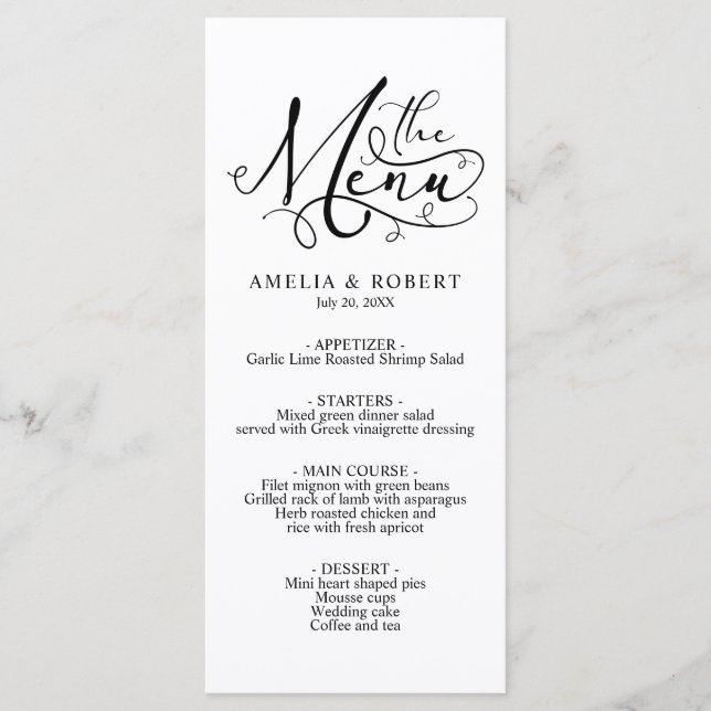 Menu de calligraphie élégante Whimsical noir et bl (Devant)