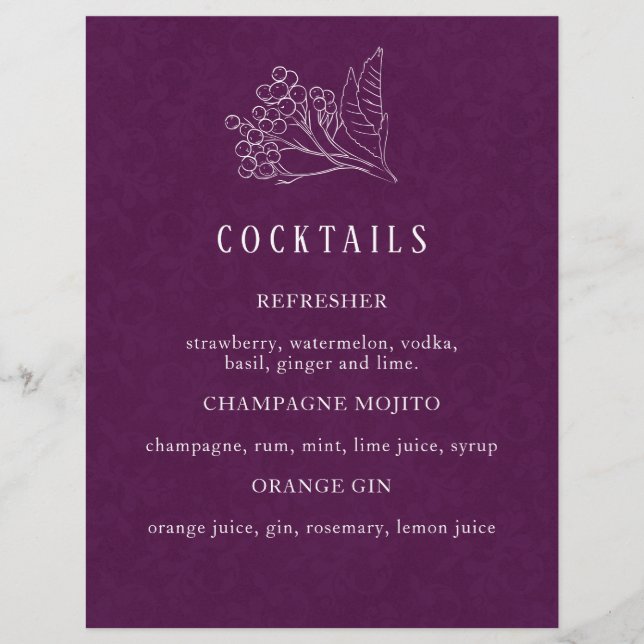 Menu de cocktails Mariage moderne violet (Devant)