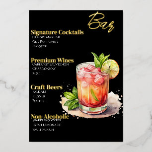 Menu de cocktails sophistiqué avec feuille d'or