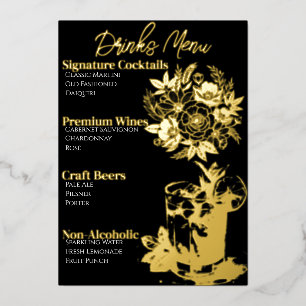 Menu de cocktails sophistiqué avec feuille d'or