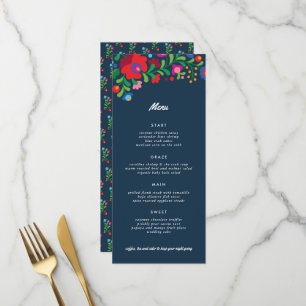 Menu de dîner à broderie mexicaine colorée bleu ma