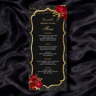 Menu de dîner d'anniversaire Rouge Noir et Or