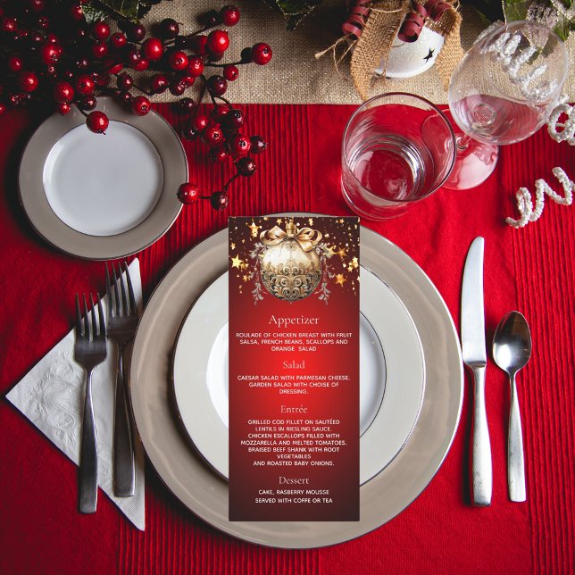 Menu de dîner de fête de Noël rouge et or bauble (Créateur téléchargé)