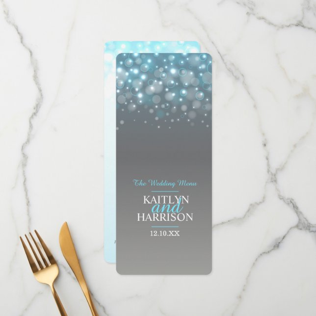 Menu de dîner de mariage bulle graphique gris bleu (Devant/Arrière en situation)